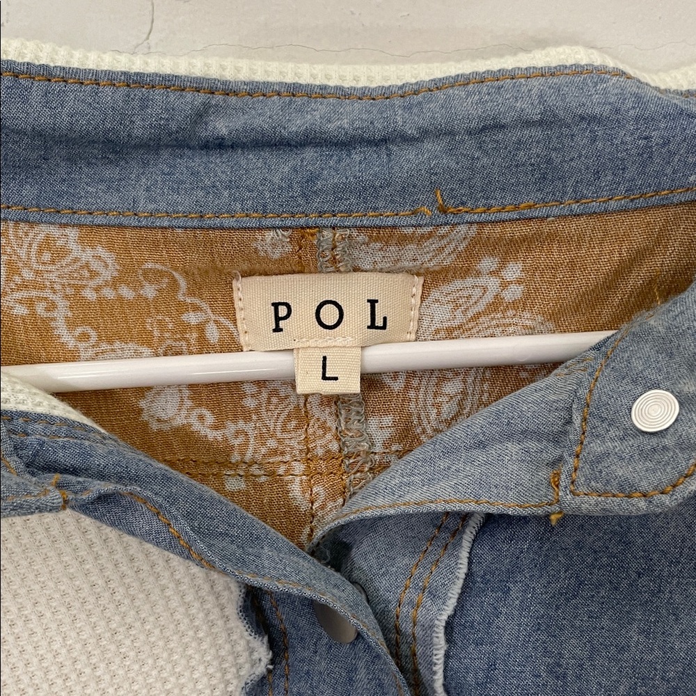 POL Boho Mixed Print Patchwork Denim Button-Up Sh… - image 4